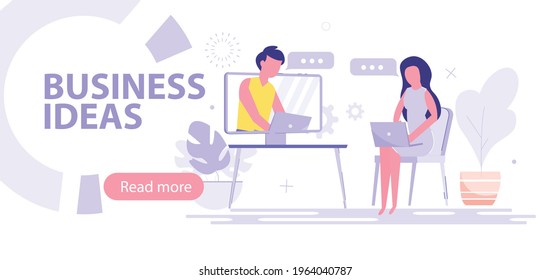 Work from home. A woman communicates with a business partner. Friends online by video link. Remote project management. Vector illustration.