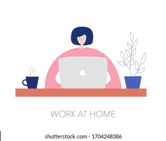 Work at home. Woman at the desk working on a laptop and drinking coffee. Coronavirus quarantine lifestyle. Modern flat illustration on freelancer job.