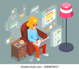 Work home woman girl sit laptop armchair working internet isometric flat design vector illustration