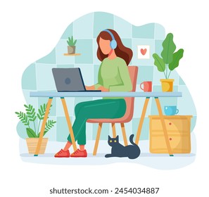 Work at home. Woman in headphones sits at a desk with laptop and cat. Home office concept. Working girl, student or freelancer. Right sitting posture at computer. Hand drawn flat vector illustration.