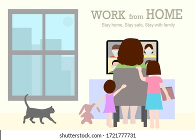 Work from home. Woman is sitting back working with computer on desk with children playing around. Video conference with colleagues who wearing protective mask. Family together with cat on the floor. 