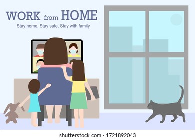 Work from home. Woman is sitting back working with computer on desk with children playing around. Video conference with colleagues who wearing protective mask. Family together with cat on the floor. 