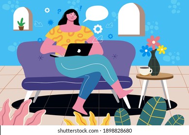 Work from home. Woman sitting on the sofa and working on the laptop. Freelancer home workplace. Flat illustration. Vector. Computer. 02