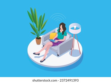 Work from home woman sitting on chair or couch working on laptop computer iPad tab Wi-Fi finish job isolated indoor plant standing light isometric 2D illustration. Work anywhere Freelance Co workspace