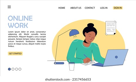 Work at home. The woman is sitting at the table near the laptop. Modern flat web page design template. Vector illustration for graphic, web design, business presentation, marketing.