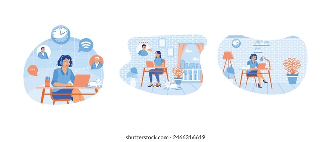 Work from home. Woman working in a comfortable home office. Talk to coworkers online. Home Office concept.Set flat vector illustration.