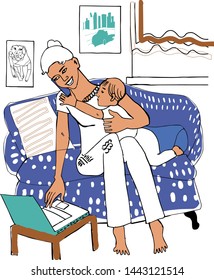 Work at home. Woman working at the computer. Speaks by phone.Spending time with baby.