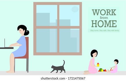 Work from home. Woman works on laptop with children playing around. Family together with cat on the floor. Love, medical concept. Illustration vector.