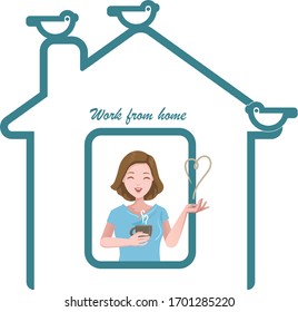Work from home. Women working at home. Having a coffee break, feel relaxed. She made her stand looking out the window. Concept for stay at home. House simple symbols. Vector Illustration. 