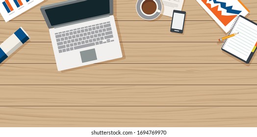Work from home with wooden table and small office equipment.