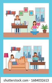 work at home workers characters vector illustration design