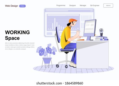 Work at home.Man in working with computer remotely, sitting at table. Pleasant happy man communicating in social network, searching information online.Vecter illustration.
