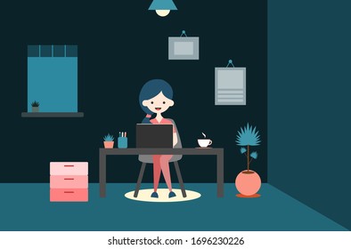 Work from home. Working concept illustration. Woman sitting at a desk. Working at night.