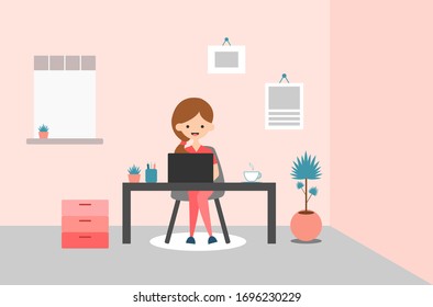 Arbeite von zu Hause aus. Illustration des Arbeitskonzepts. Frau sitzt an einem Schreibtisch. Tagarbeit.
