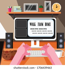 work from home , working on a computer on table at home  close up hand typing  keyboard  flat vector design,illustration vector