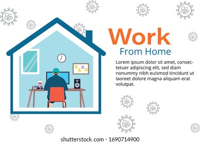 Work from home, an working on laptops or computers at home. Working at home in quarantine. Vector flat style illustration man behind computer