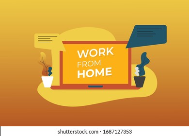 Work from home, working space, concept with laptop, vector 