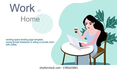 Work from home ,working space landing page young female freelancer is sitting in private room with coffee ,avoid COVID-19.vector.