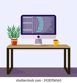 Work from home workplace and coding. Remote worker, employee schedule, flexible schedule concept. Flat design.