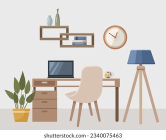 Work at home. Workplace, modern interior, office. Office with сomputer, home flower, clock, lamp. Illustration in flat cartoon style.