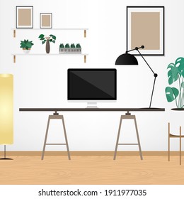 Arbeit von zu Hause Arbeitsplatz Räume Innen, Büro mit Computer, Illustration im Stil eines flachen Cartoons, Illustration Vector EPS10 