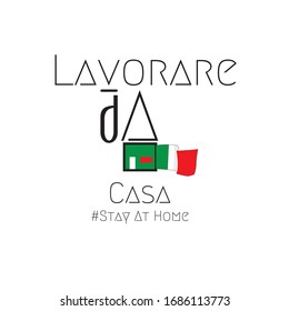 Work at home written in Italian language which is Lavorare da casa green home with italian flag and vector illustration