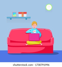 Work from home young man with pink labtop cyan cloth holding coffe cup vector illustration