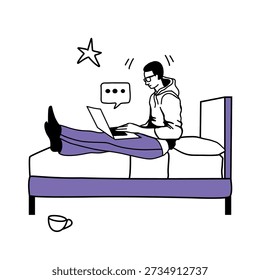 Work from home. Young man sits on bed with laptop and types text. Doodle style vector illustration for remote work, social media.