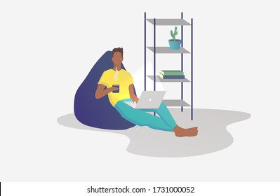 Work at home. Young man is sitting with laptop on the bean bag at home. Working on a computer. Freelance, online education or social media concept. Vector illustration isolated on light gray