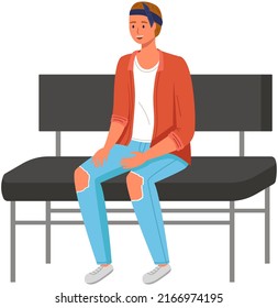 Work at home. Young man sitting on couch isolated on white character in casual clothes. Freelancer, online education or social media concept. Guy rests after work sits on comfortable bench indoor