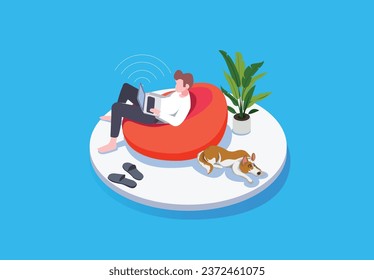 Work from home young man sitting on Red airbag or chair working on laptop computer tab Wi-Fi finish job isolated on plain blue background dog on the floor indoor plant isometric 2D illustration