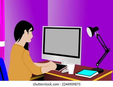 Trabajo desde casa, ilustración conceptual del espacio de trabajo de los jóvenes,
hombres y mujeres independientes que trabajan en laptops y computadoras en casa.
Ilustración de estilo plano vectorial