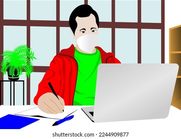 Work from home, young man workspace concept illustration,
male and female freelancers working on laptops and computers at home.
Vector flat style illustration