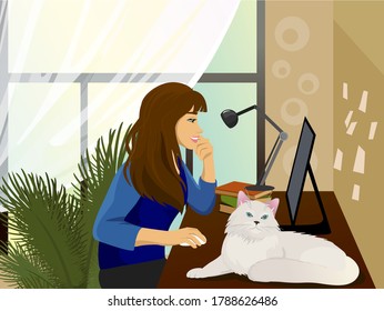 Work at home. Work from home. Young woman laptop flat vector illustration. Working from home workplace, remote job, freelancer. Online shopping. Pet. Cat sleeping on owner workspace. Home office.