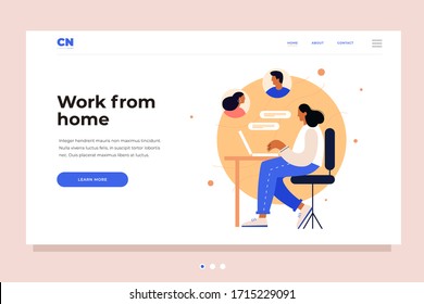 Work from home. A young woman sits at a table and communicates via the Internet with colleagues. Remote homework website header. Design template for landing page. Colorful flat vector illustration.