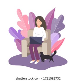 Work at home. Young woman working on laptop while sitting comfortably in the chair. Remote work during Covid-19 outbreak. Vector illustration. Coronavirus quarantine lifestyle.