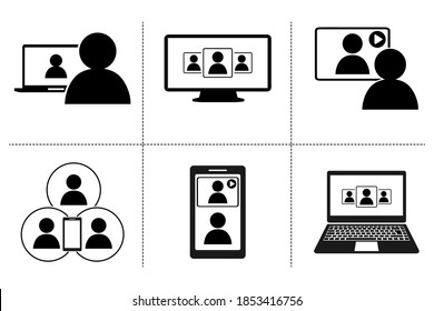 Work at home.A set of vector icons for an Internet conference. Black illustration is isolated for graphic and web design.
