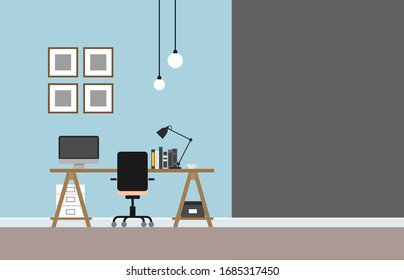 Work At Home,Empty Workplace, Desk Chair Computer Work Space Office And Home In Blue Room No People And Space For Text.vector Illustration. 