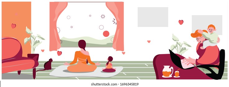 Work from home.Panoramic banner vector illustration of wife doing yoga at home while father working, kids are around them.self isolation, stay home  during covid-19 lock down. Social distancing concept