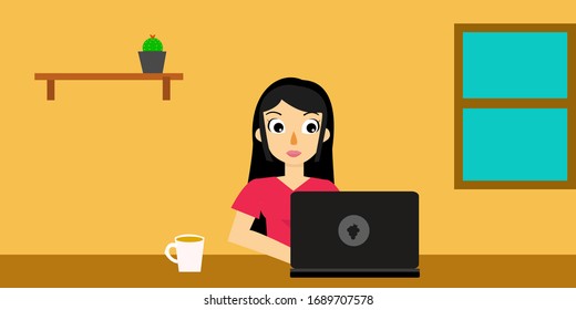 Work from home.Women use notebook.Social distancing.Vector illustration.