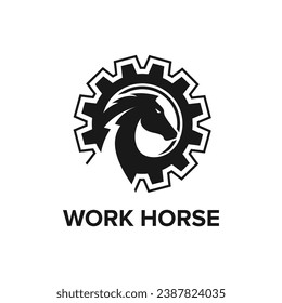 Logotipo del caballo de trabajo con engranajes y símbolos eléctricos