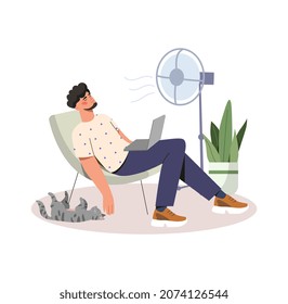 Work in hot weather concept. Young tired employee sits on chair and escapes from heat with help of fan. Bearded man with laptop. High air temperature. Cartoon contemporary flat vector illustration