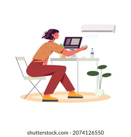 Arbeiten bei heißem Wetter Konzept. Junge erschöpfte Frau, die am Arbeitsplatz am Computer sitzt und die Klimaanlage anmacht. Flucht vor Hitze. Hohe Lufttemperatur. Cartoon, moderne, flache Vektorgrafik