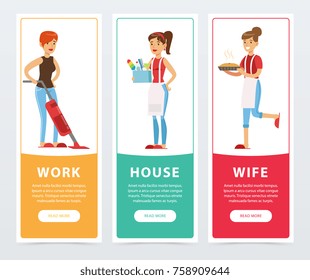 Work, house, wife banners set, housewife cooking and cleaning flat vector element for website or mobile app