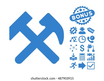 Work icon with bonus icon set. Vector illustration style is flat iconic symbols, cobalt color, white background.