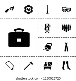 Work icon. collection of 13 work filled icons such as woman boots, jumpsuit, trowel, hacksaw, rake, heart in gear, case, group. editable work icons for web and mobile.