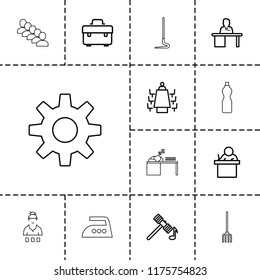 Work icon. collection of 13 work outline icons such as hammer, toolbox, teacher, man working at the table, meeting, casino girl, group. editable work icons for web and mobile.