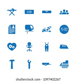 Work icon. collection of 16 work filled icons such as barrow, ironing table, iron, electric saw, gear heart, wrench, hummer. editable work icons for web and mobile.