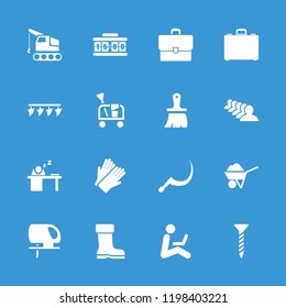 Work icon. collection of 16 work filled icons such as group, scythe, case, man sleeping on table, man sitting with laptop. editable work icons for web and mobile.