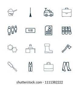 Work icon. collection of 16 work outline icons such as woman boots, jumpsuit, rake, resume, group, tv van, binder, digital clock. editable work icons for web and mobile.